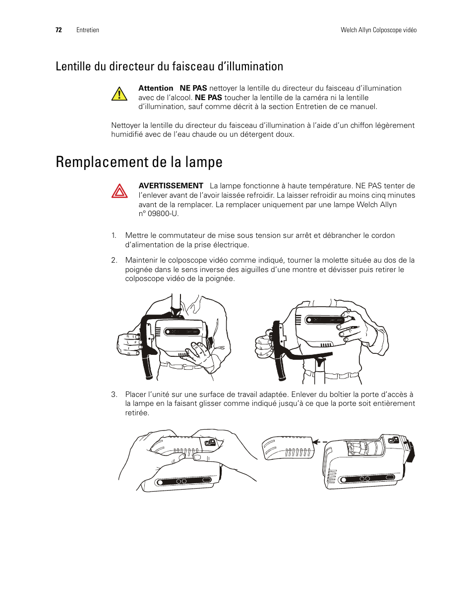 Lentille du directeur du faisceau d’illumination, Remplacement de la lampe | Welch Allyn Video Colposcope - User Manual User Manual | Page 74 / 400