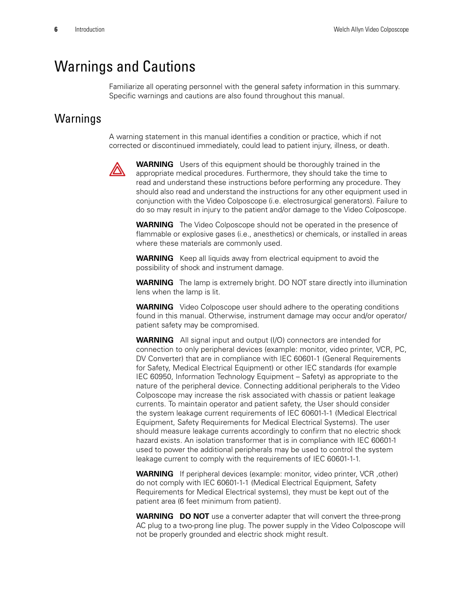 Warnings and cautions, Warnings | Welch Allyn Video Colposcope - User Manual User Manual | Page 8 / 400