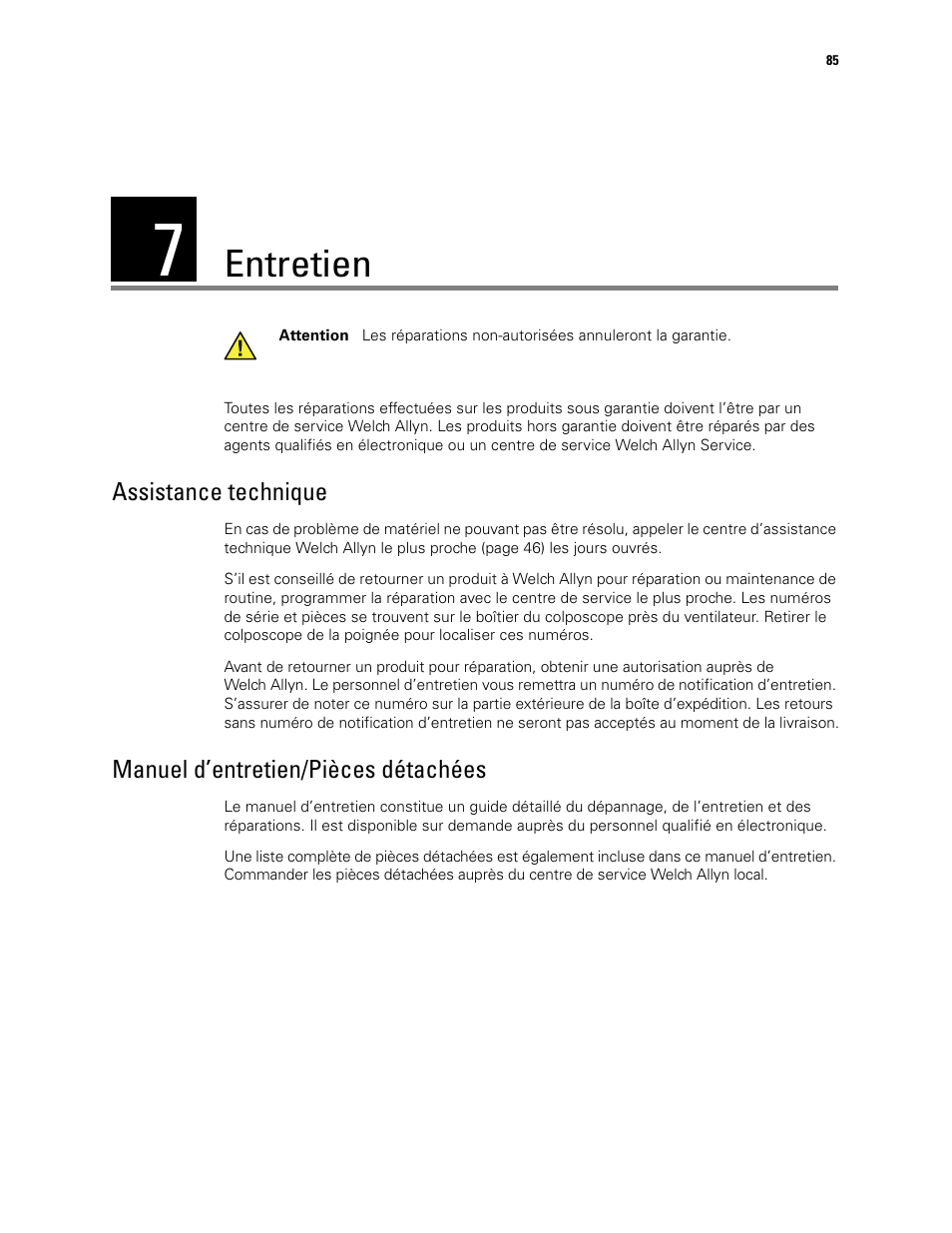 Entretien, 7 - entretien | Welch Allyn Video Colposcope - User Manual User Manual | Page 87 / 400