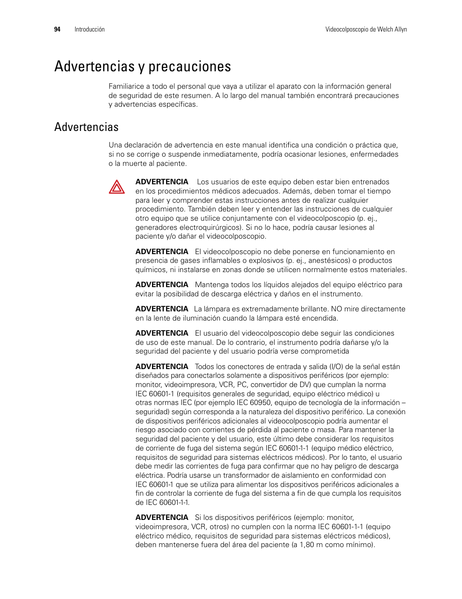 Advertencias y precauciones, Advertencias | Welch Allyn Video Colposcope - User Manual User Manual | Page 96 / 400