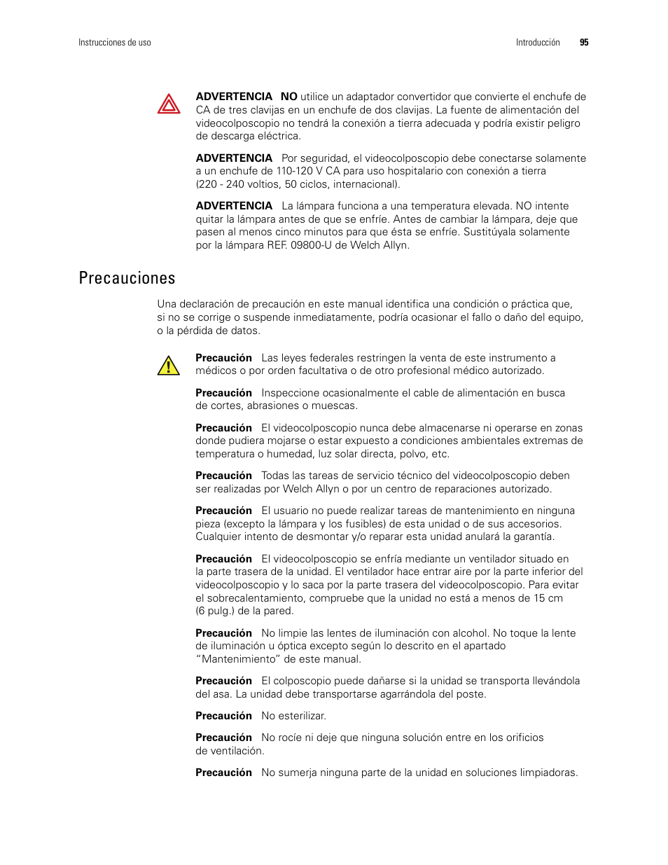 Precauciones | Welch Allyn Video Colposcope - User Manual User Manual | Page 97 / 400