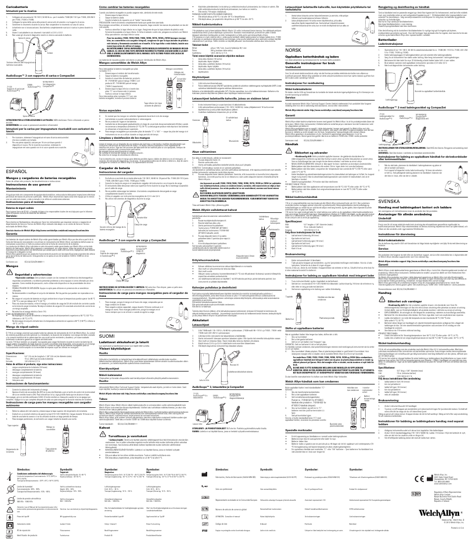 Caricabatterie, Español, Mangos y cargadores de baterías recargables | Instrucciones de uso general, Baterías de níquel-cadmio, Mangos, Seguridad y advertencias, Especificaciones, Cargador de batería, Suomi | Welch Allyn Rechargeable Battery Handles and Chargers - User Manual User Manual | Page 2 / 4