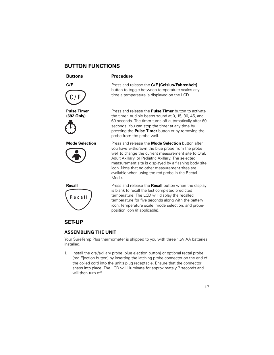 Button functions, Set-up, Button functions -7 | Set-up -7, Button functions set-up | Welch Allyn SureTemp Plus - User Manual User Manual | Page 10 / 294