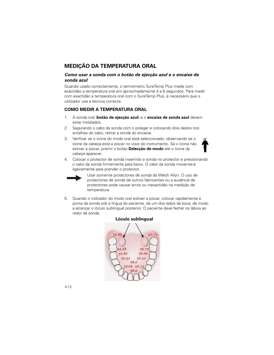 Medição da temperatura oral, Medição da temperatura oral -12 | Welch Allyn SureTemp Plus - User Manual User Manual | Page 104 / 294