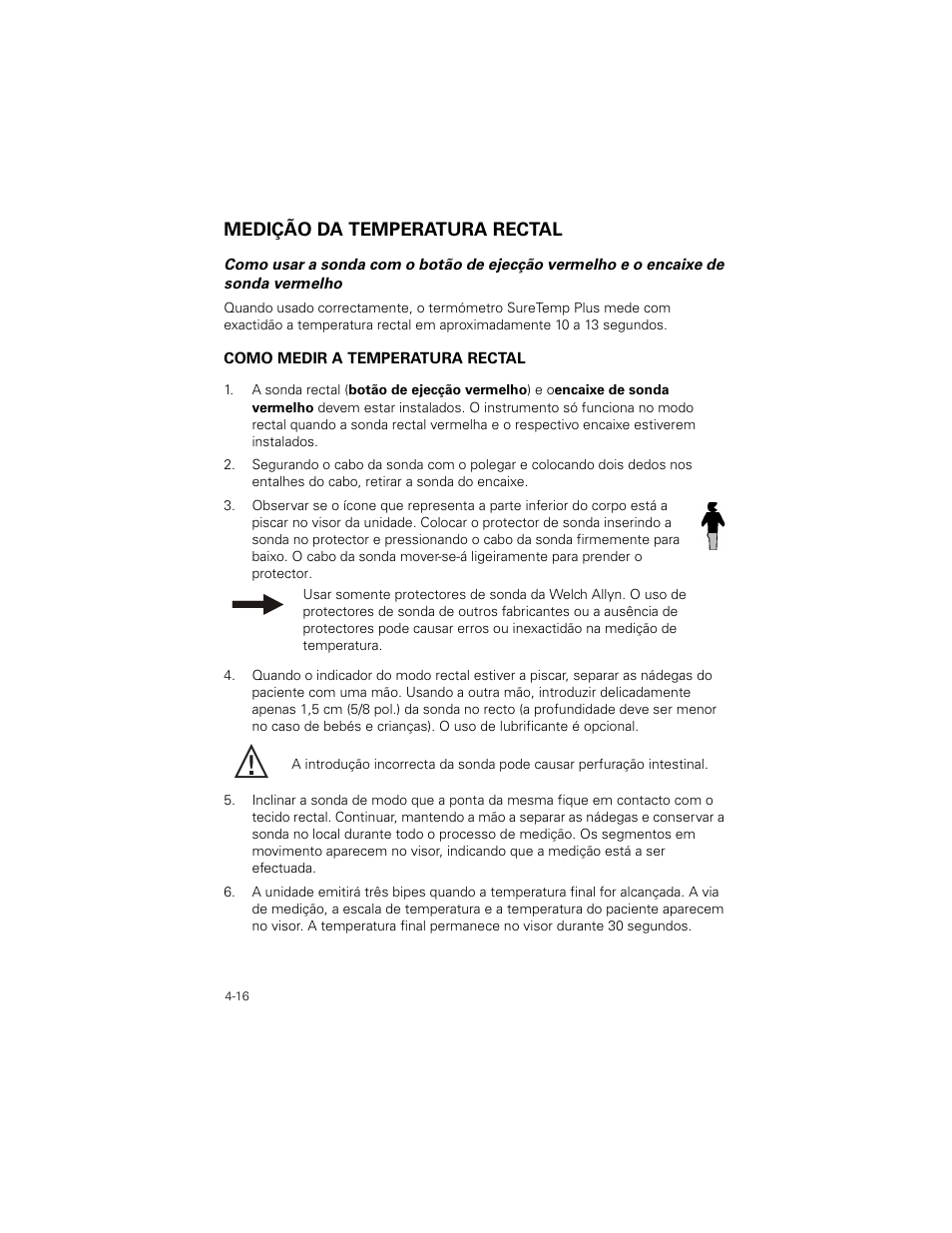 Medição da temperatura rectal, Medição da temperatura rectal -16 | Welch Allyn SureTemp Plus - User Manual User Manual | Page 108 / 294