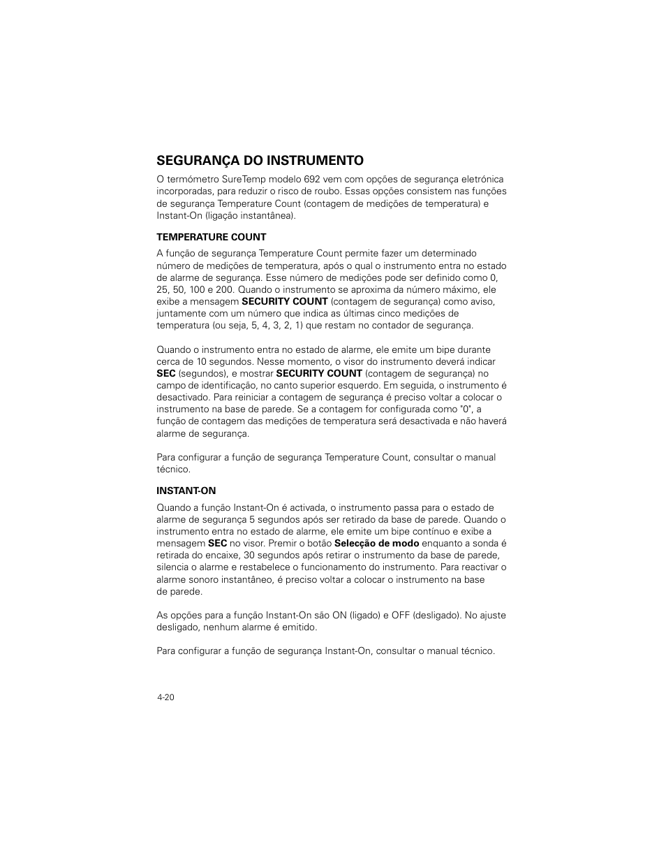 Segurança do instrumento, Segurança do instrumento -20 | Welch Allyn SureTemp Plus - User Manual User Manual | Page 112 / 294