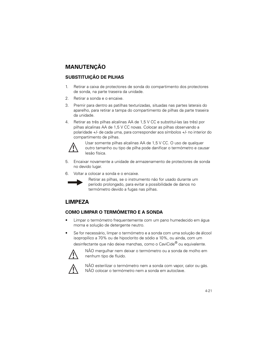 Manutenção, Limpeza, Manutenção -21 | Limpeza -21 | Welch Allyn SureTemp Plus - User Manual User Manual | Page 113 / 294
