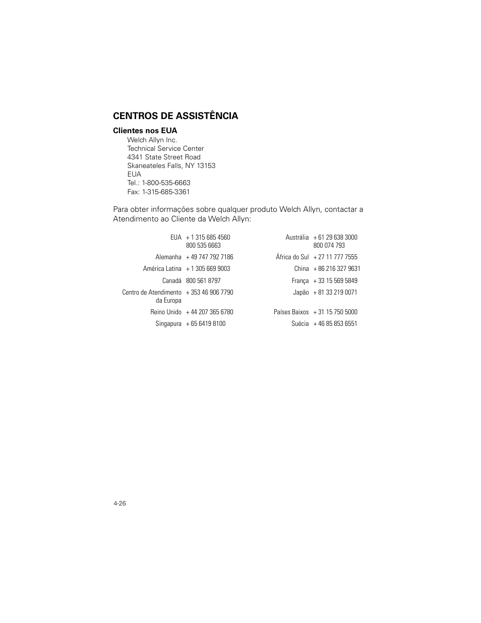 Centros de assistência, Centros de assistência -26 | Welch Allyn SureTemp Plus - User Manual User Manual | Page 118 / 294