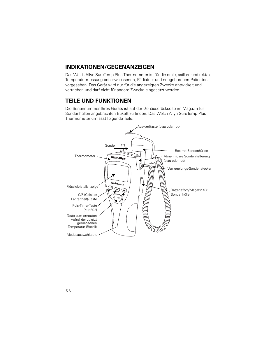 Indikationen/gegenanzeigen, Teile und funktionen, Indikationen/gegenanzeigen -6 | Teile und funktionen -6 | Welch Allyn SureTemp Plus - User Manual User Manual | Page 126 / 294