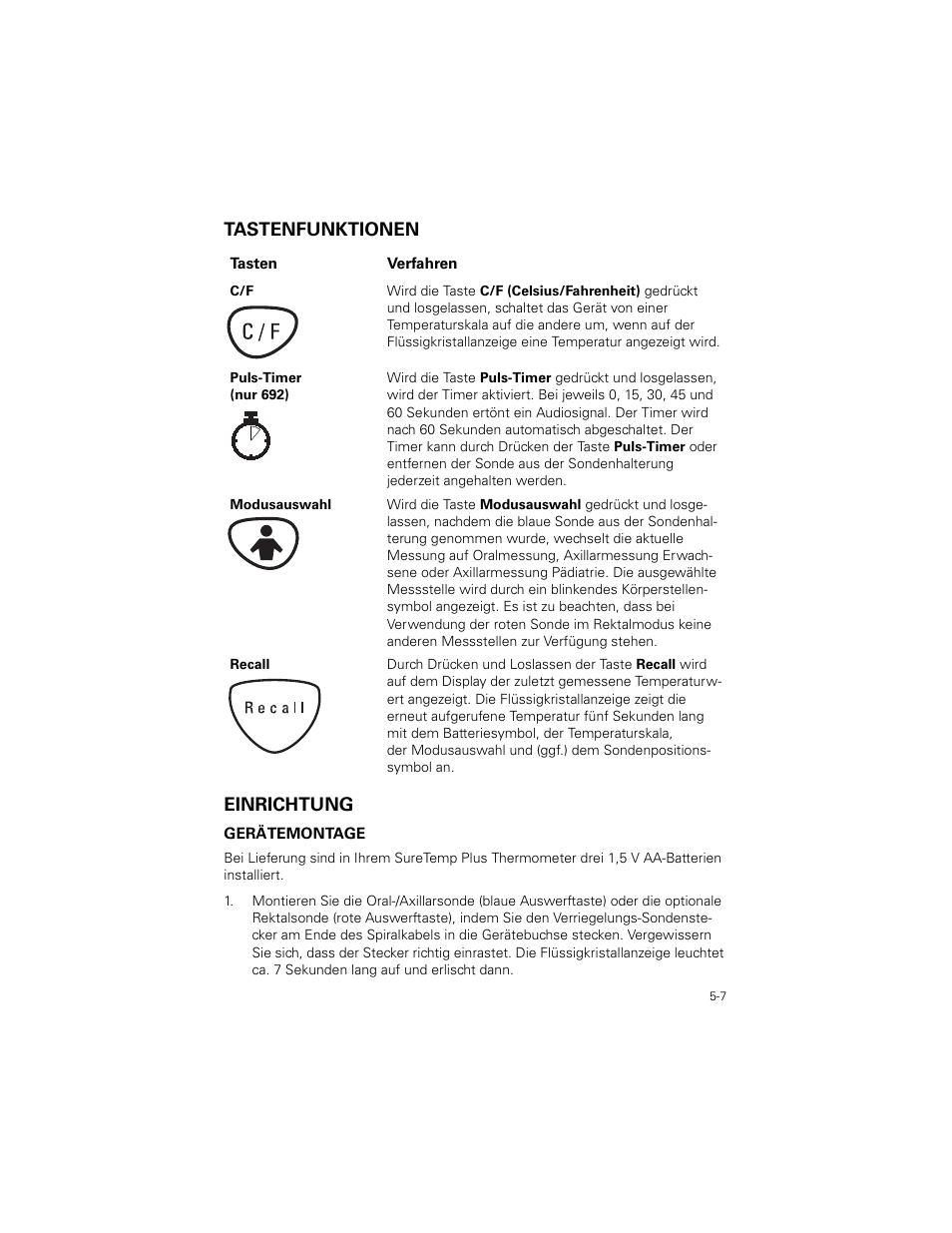 Tastenfunktionen, Einrichtung, Tastenfunktionen -7 | Einrichtung -7, Tastenfunktionen einrichtung | Welch Allyn SureTemp Plus - User Manual User Manual | Page 127 / 294