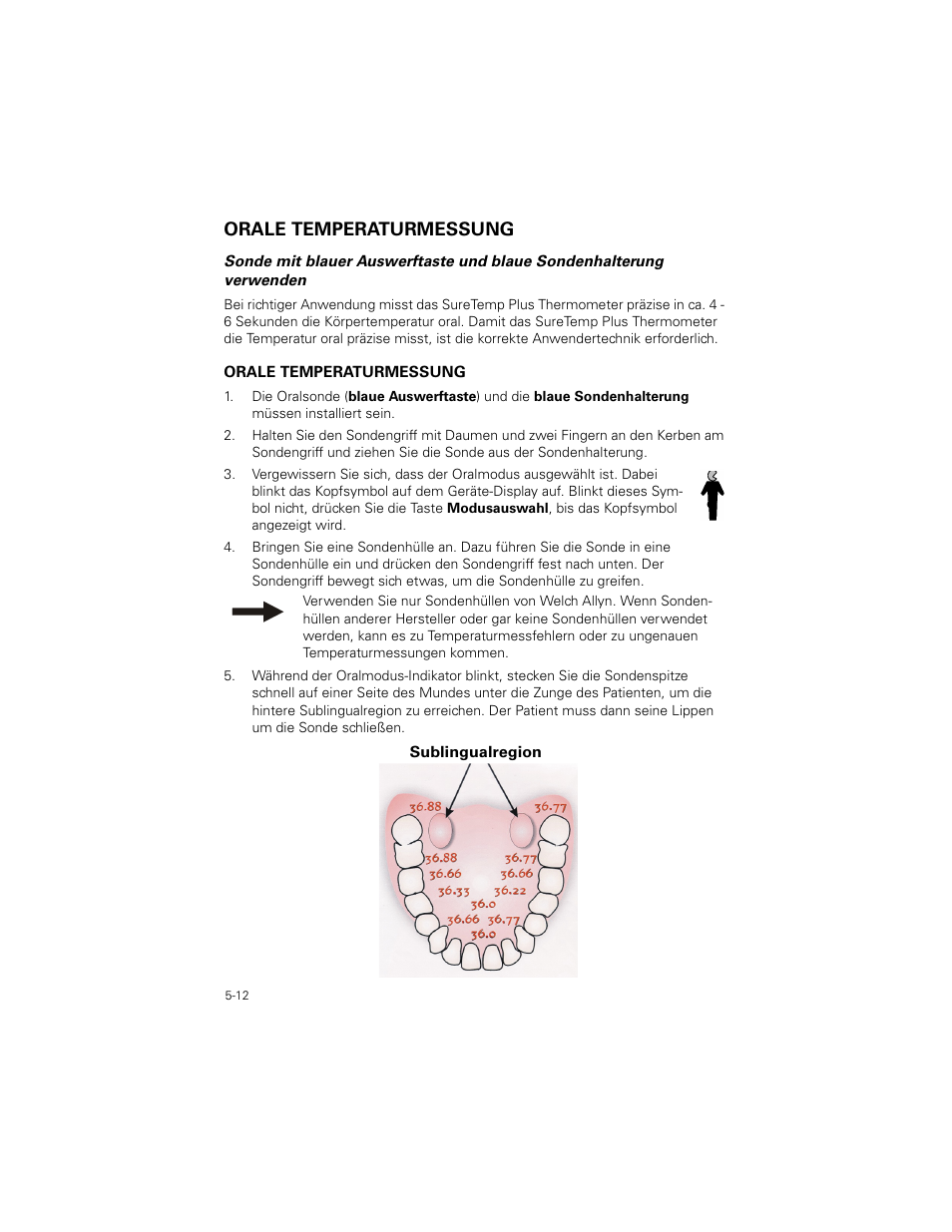 Orale temperaturmessung, Orale temperaturmessung -12 | Welch Allyn SureTemp Plus - User Manual User Manual | Page 132 / 294