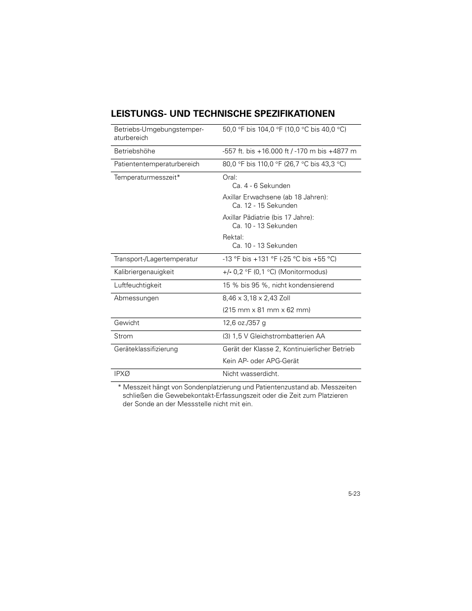 Leistungs- und technische spezifikationen, Leistungs- und technische spezifikationen -23 | Welch Allyn SureTemp Plus - User Manual User Manual | Page 143 / 294