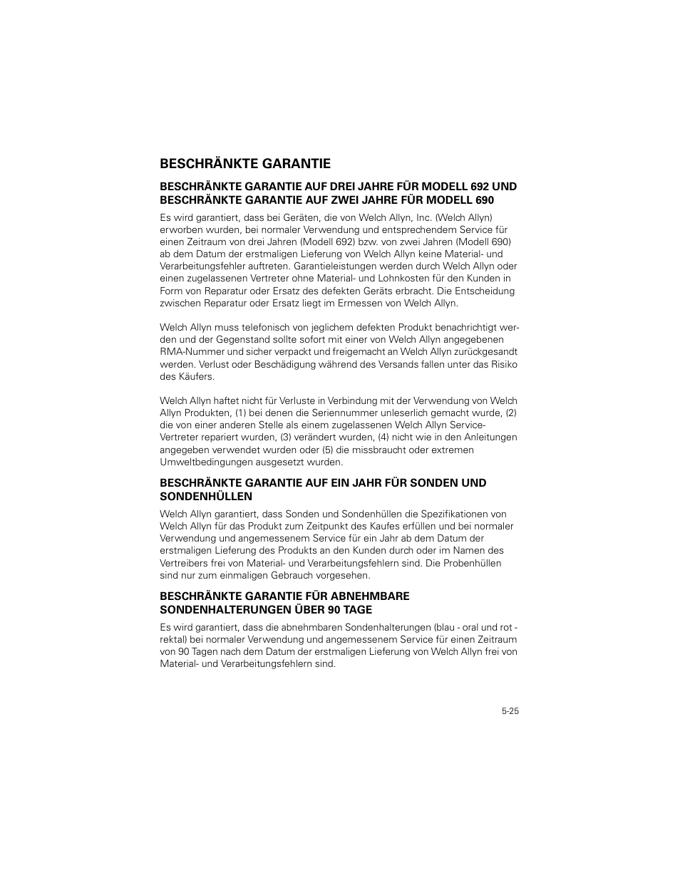 Beschränkte garantie, Beschränkte garantie -25 | Welch Allyn SureTemp Plus - User Manual User Manual | Page 145 / 294