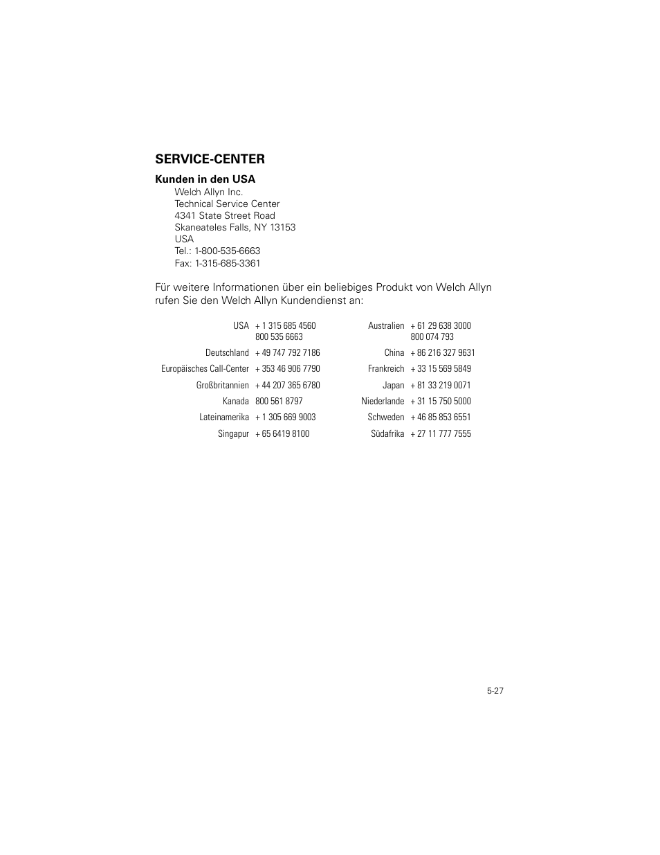 Service-center, Service-center -27 | Welch Allyn SureTemp Plus - User Manual User Manual | Page 147 / 294