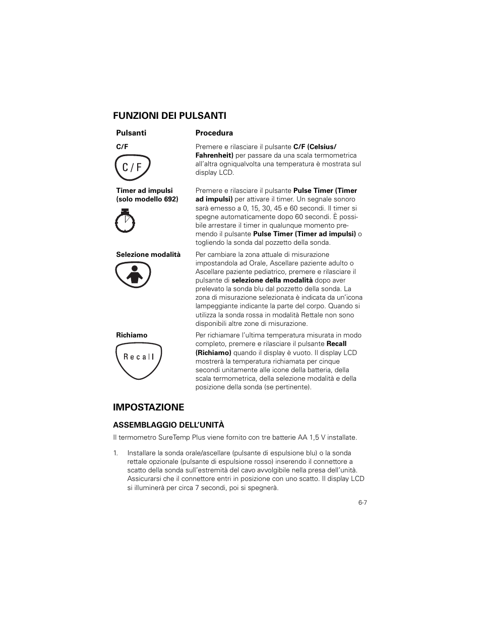 Funzioni dei pulsanti, Impostazione, Funzioni dei pulsanti -7 | Impostazione -7, Funzioni dei pulsanti impostazione | Welch Allyn SureTemp Plus - User Manual User Manual | Page 157 / 294