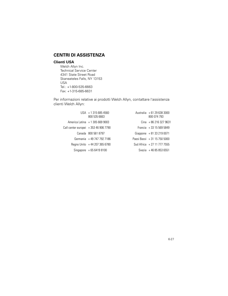 Centri di assistenza, Centri di assistenza -27 | Welch Allyn SureTemp Plus - User Manual User Manual | Page 177 / 294
