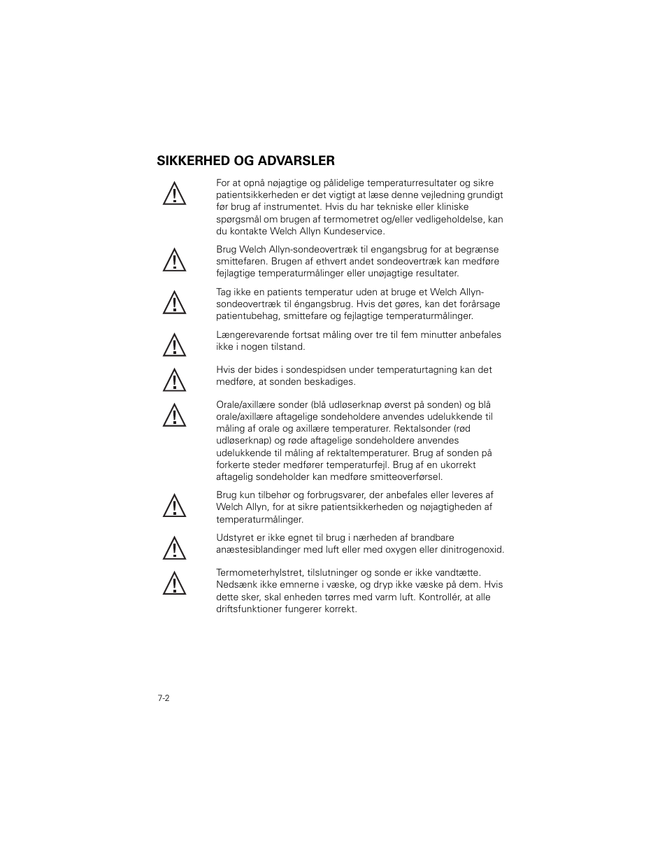 Sikkerhed og advarsler, Sikkerhed og advarsler -2 | Welch Allyn SureTemp Plus - User Manual User Manual | Page 182 / 294