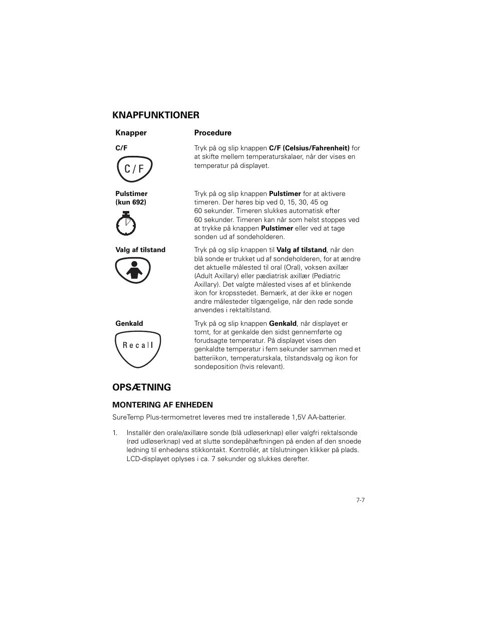 Knapfunktioner, Opsætning, Knapfunktioner -7 | Opsætning -7, Knapfunktioner opsætning | Welch Allyn SureTemp Plus - User Manual User Manual | Page 187 / 294