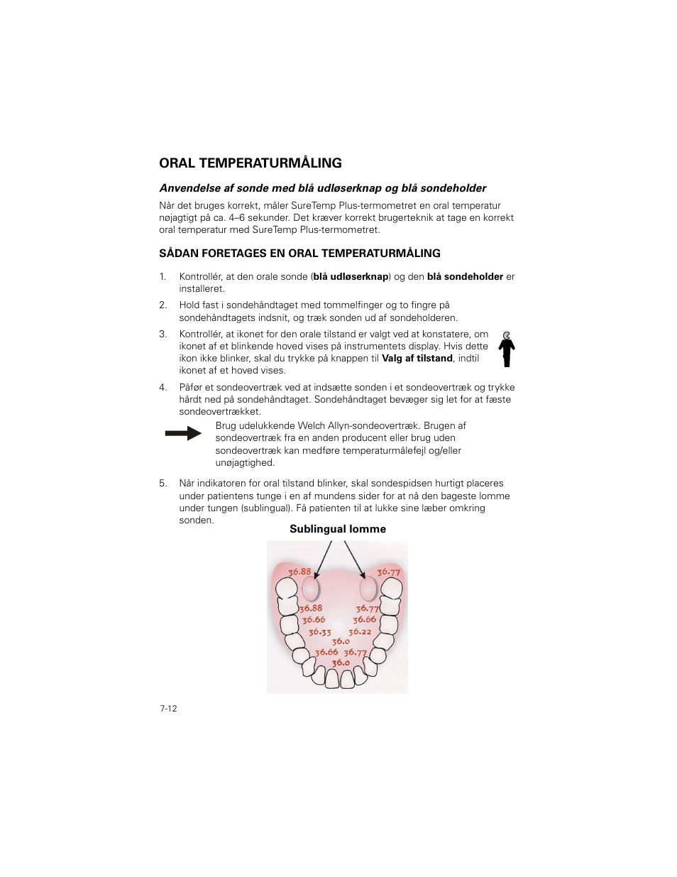 Oral temperaturmåling, Oral temperaturmåling -12 | Welch Allyn SureTemp Plus - User Manual User Manual | Page 192 / 294