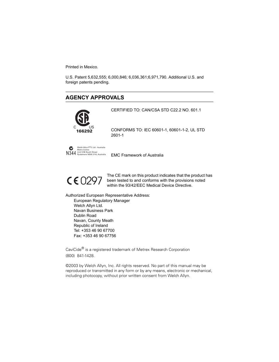 Agency approvals | Welch Allyn SureTemp Plus - User Manual User Manual | Page 2 / 294