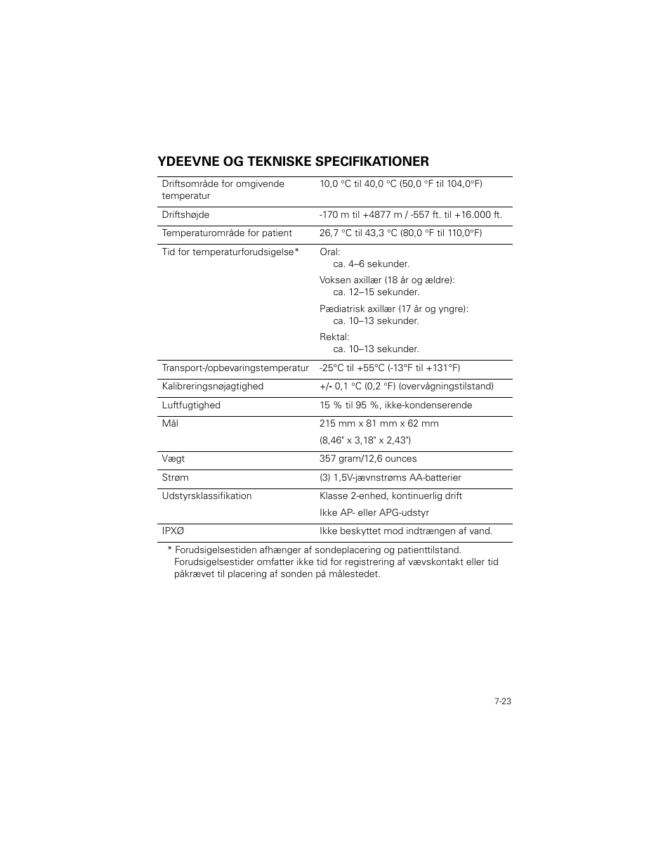 Ydeevne og tekniske specifikationer, Ydeevne og tekniske specifikationer -23 | Welch Allyn SureTemp Plus - User Manual User Manual | Page 203 / 294