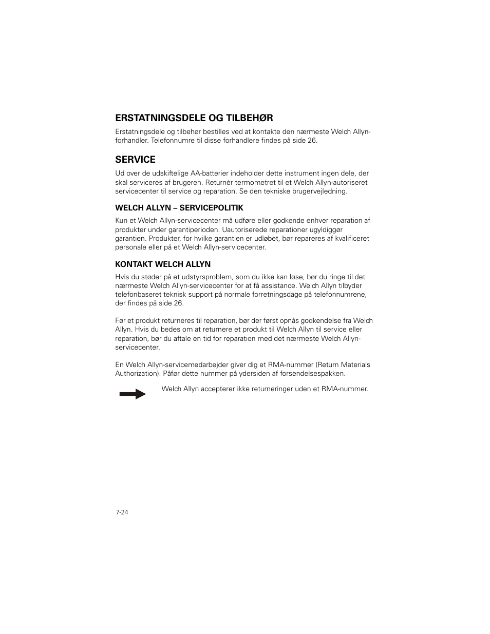 Erstatningsdele og tilbehør, Service, Erstatningsdele og tilbehør -24 | Service -24 | Welch Allyn SureTemp Plus - User Manual User Manual | Page 204 / 294