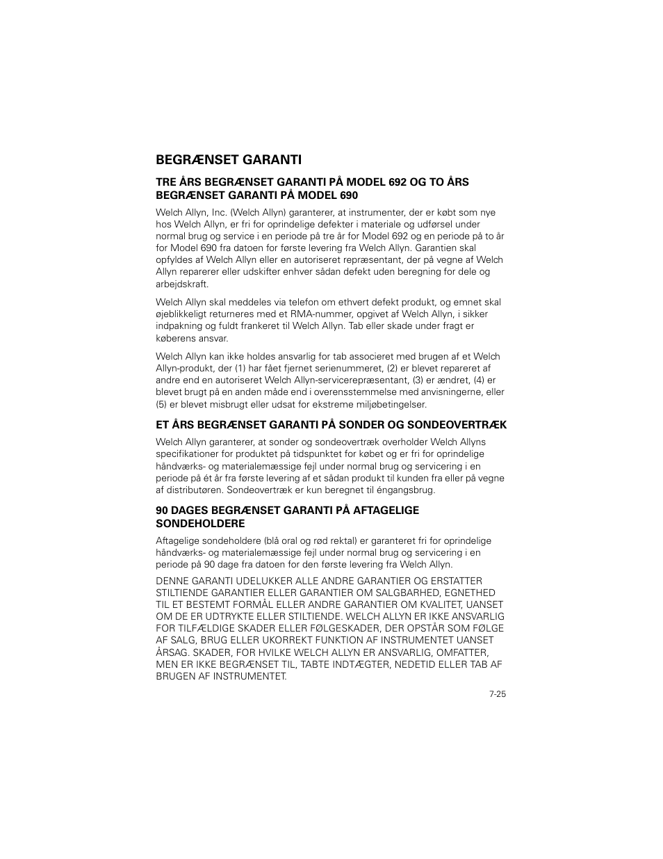 Begrænset garanti, Begrænset garanti -25 | Welch Allyn SureTemp Plus - User Manual User Manual | Page 205 / 294