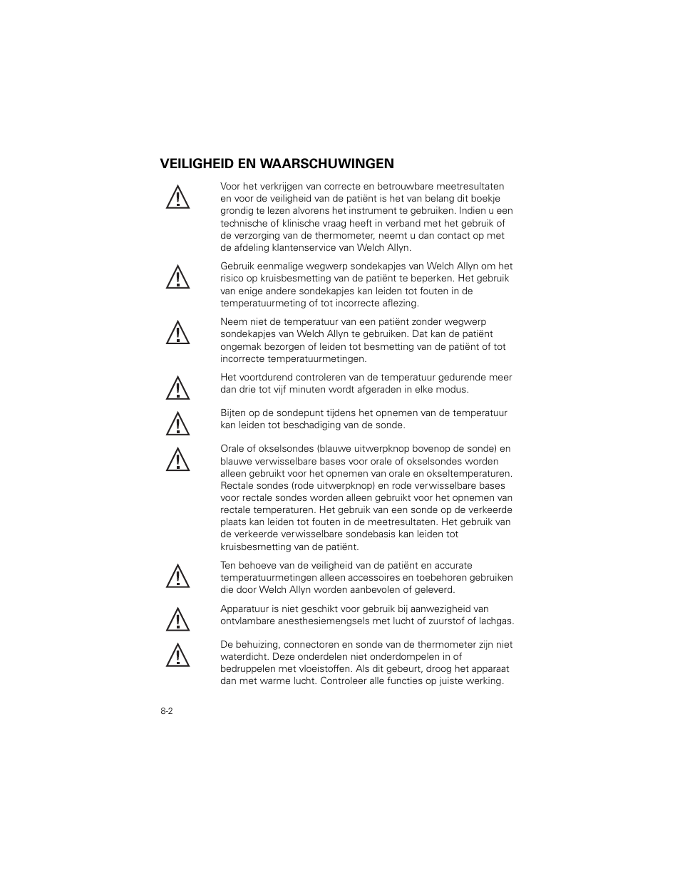 Veiligheid en waarschuwingen, Veiligheid en waarschuwingen -2 | Welch Allyn SureTemp Plus - User Manual User Manual | Page 210 / 294