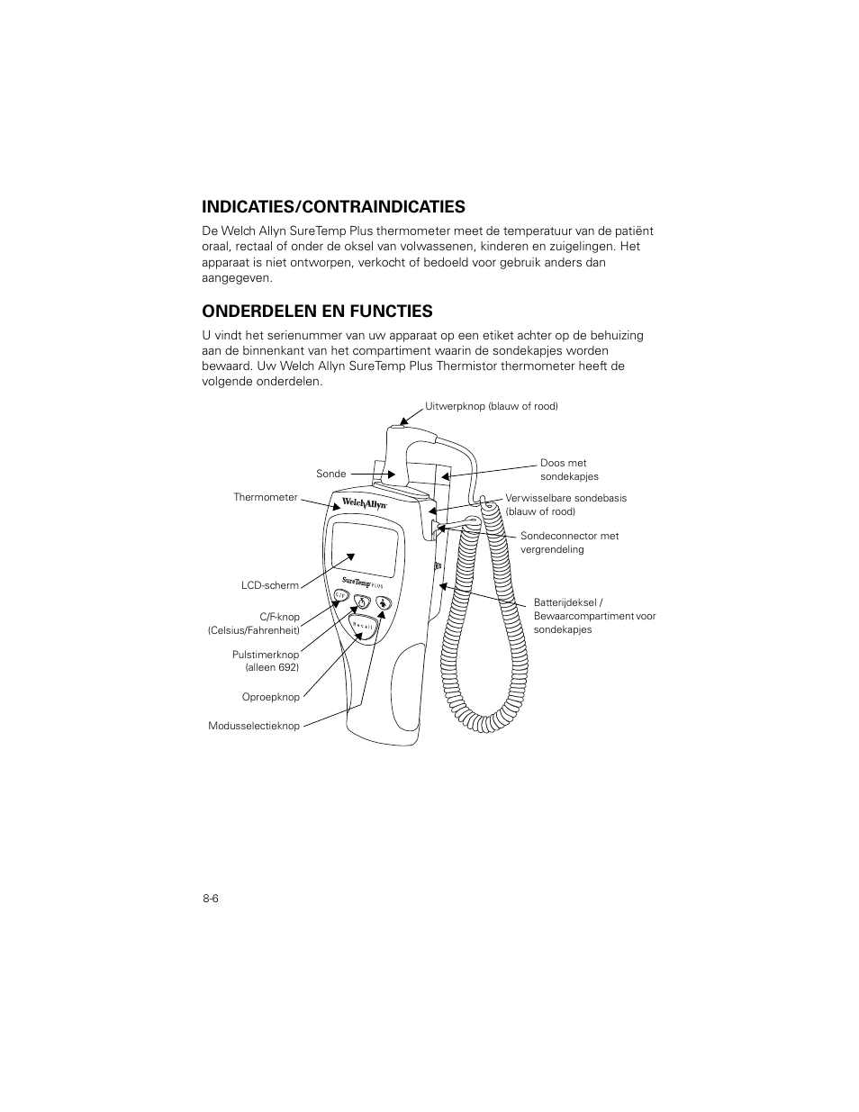 Indicaties/contraindicaties, Onderdelen en functies, Indicaties/contraindicaties -6 | Onderdelen en functies -6 | Welch Allyn SureTemp Plus - User Manual User Manual | Page 214 / 294
