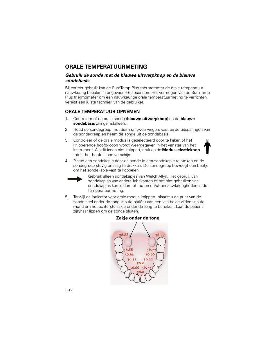 Orale temperatuurmeting, Orale temperatuurmeting -12 | Welch Allyn SureTemp Plus - User Manual User Manual | Page 220 / 294