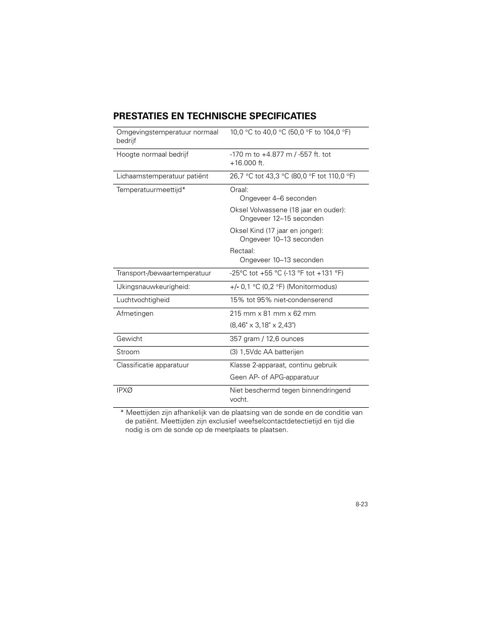 Prestaties en technische specificaties, Prestaties en technische specificaties -23 | Welch Allyn SureTemp Plus - User Manual User Manual | Page 231 / 294