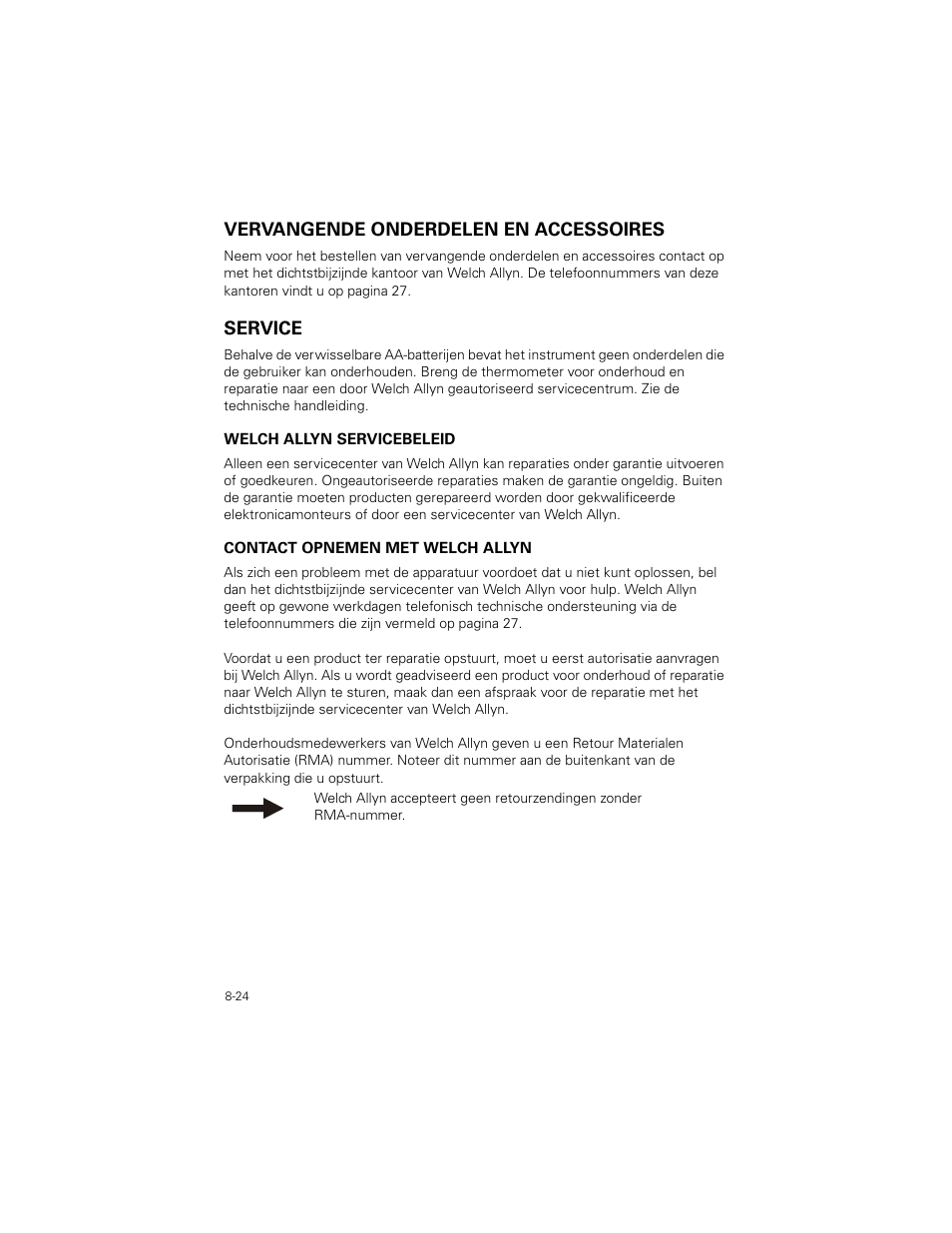 Vervangende onderdelen en accessoires, Service, Vervangende onderdelen en accessoires -24 | Service -24 | Welch Allyn SureTemp Plus - User Manual User Manual | Page 232 / 294