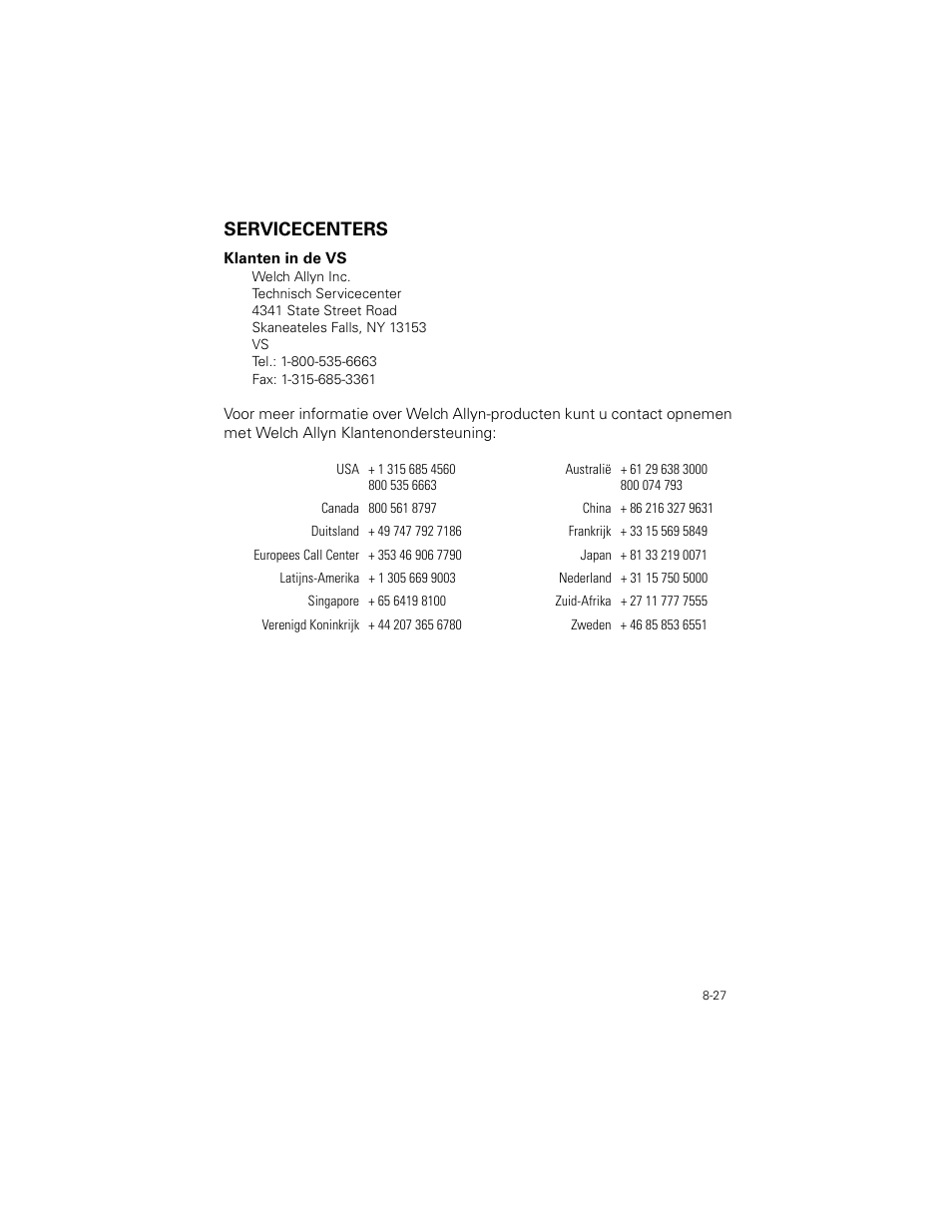 Servicecenters, Servicecenters -27 | Welch Allyn SureTemp Plus - User Manual User Manual | Page 235 / 294