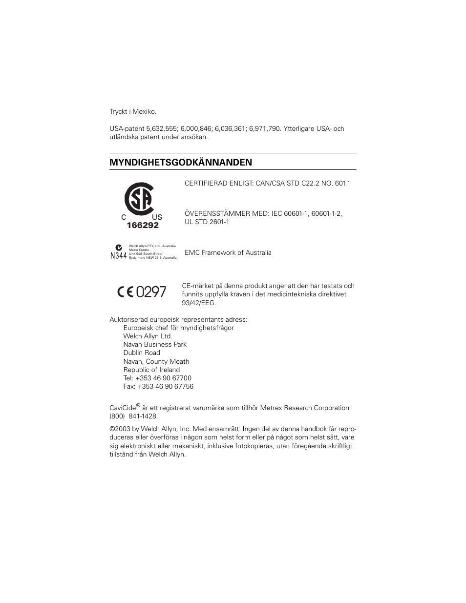 Myndighetsgodkännanden | Welch Allyn SureTemp Plus - User Manual User Manual | Page 238 / 294
