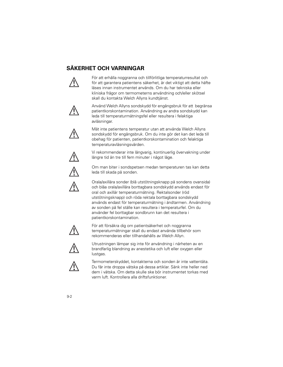 Säkerhet och varningar, Säkerhet och varningar -2 | Welch Allyn SureTemp Plus - User Manual User Manual | Page 240 / 294