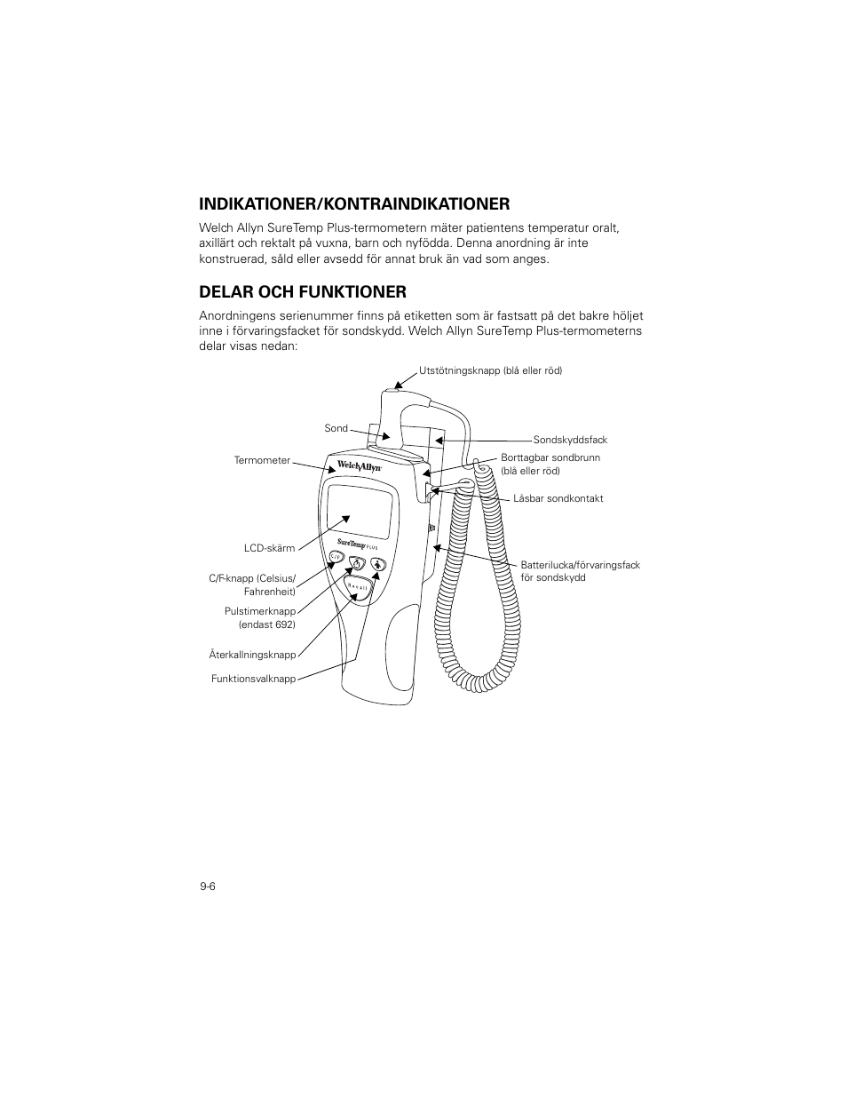 Indikationer/kontraindikationer, Delar och funktioner, Indikationer/kontraindikationer -6 | Delar och funktioner -6 | Welch Allyn SureTemp Plus - User Manual User Manual | Page 244 / 294