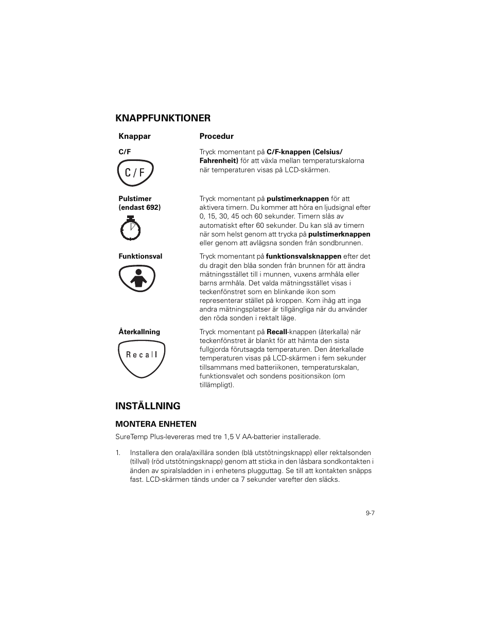 Knappfunktioner, Inställning, Knappfunktioner -7 | Inställning -7, Knappfunktioner inställning | Welch Allyn SureTemp Plus - User Manual User Manual | Page 245 / 294