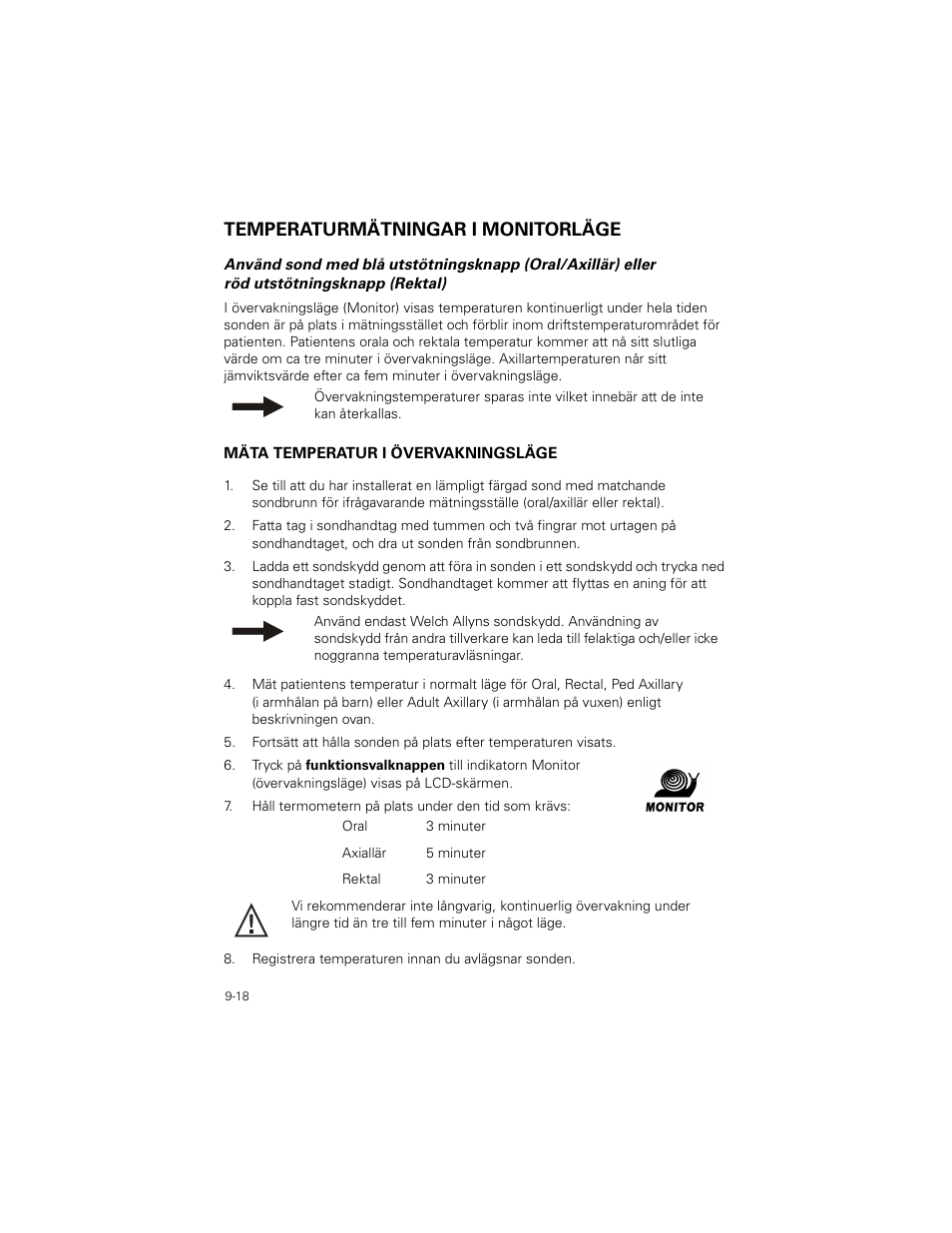 Temperaturmätningar i monitorläge, Temperaturmätningar i monitorläge -18 | Welch Allyn SureTemp Plus - User Manual User Manual | Page 256 / 294