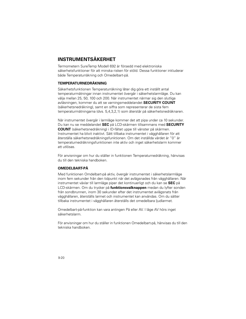 Instrumentsäkerhet, Instrumentsäkerhet -20 | Welch Allyn SureTemp Plus - User Manual User Manual | Page 258 / 294