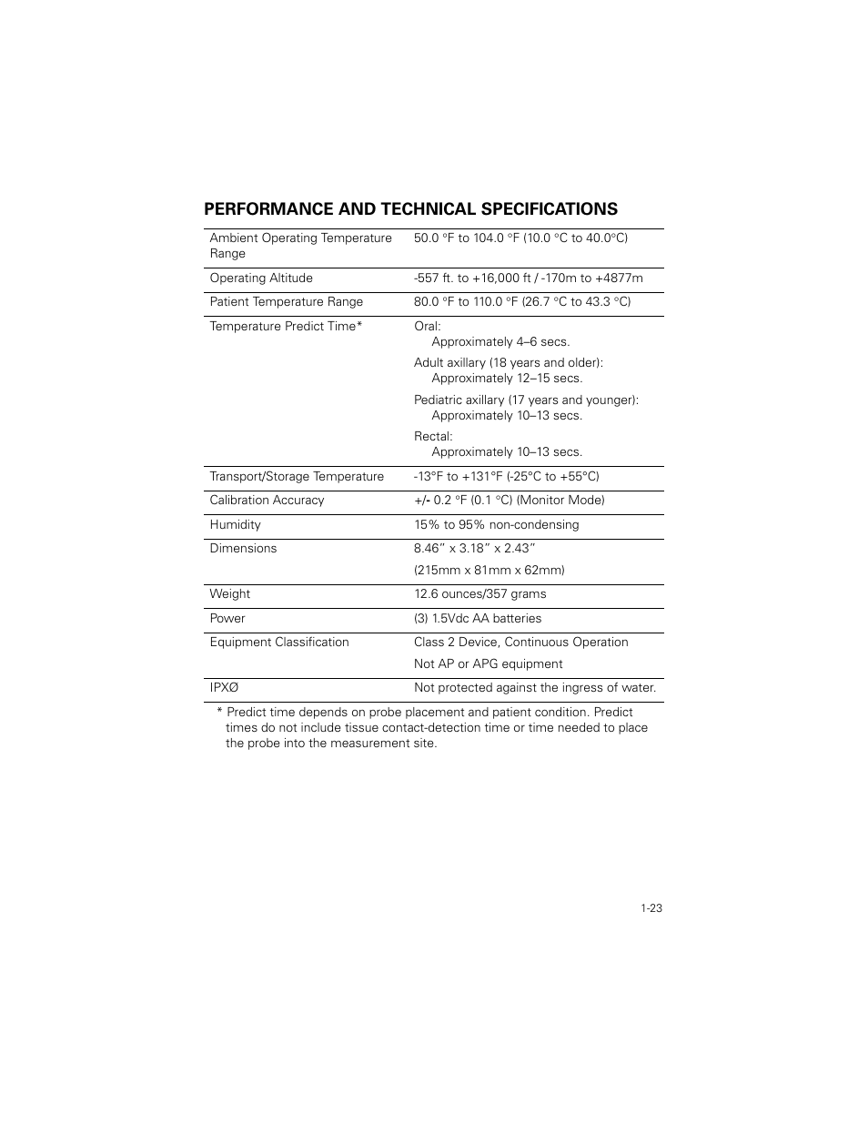 Performance and technical specifications, Performance and technical specifications -23 | Welch Allyn SureTemp Plus - User Manual User Manual | Page 26 / 294