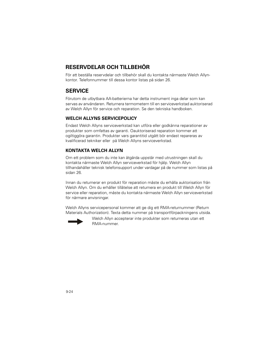 Reservdelar och tillbehör, Service, Reservdelar och tillbehör -24 | Service -24 | Welch Allyn SureTemp Plus - User Manual User Manual | Page 262 / 294