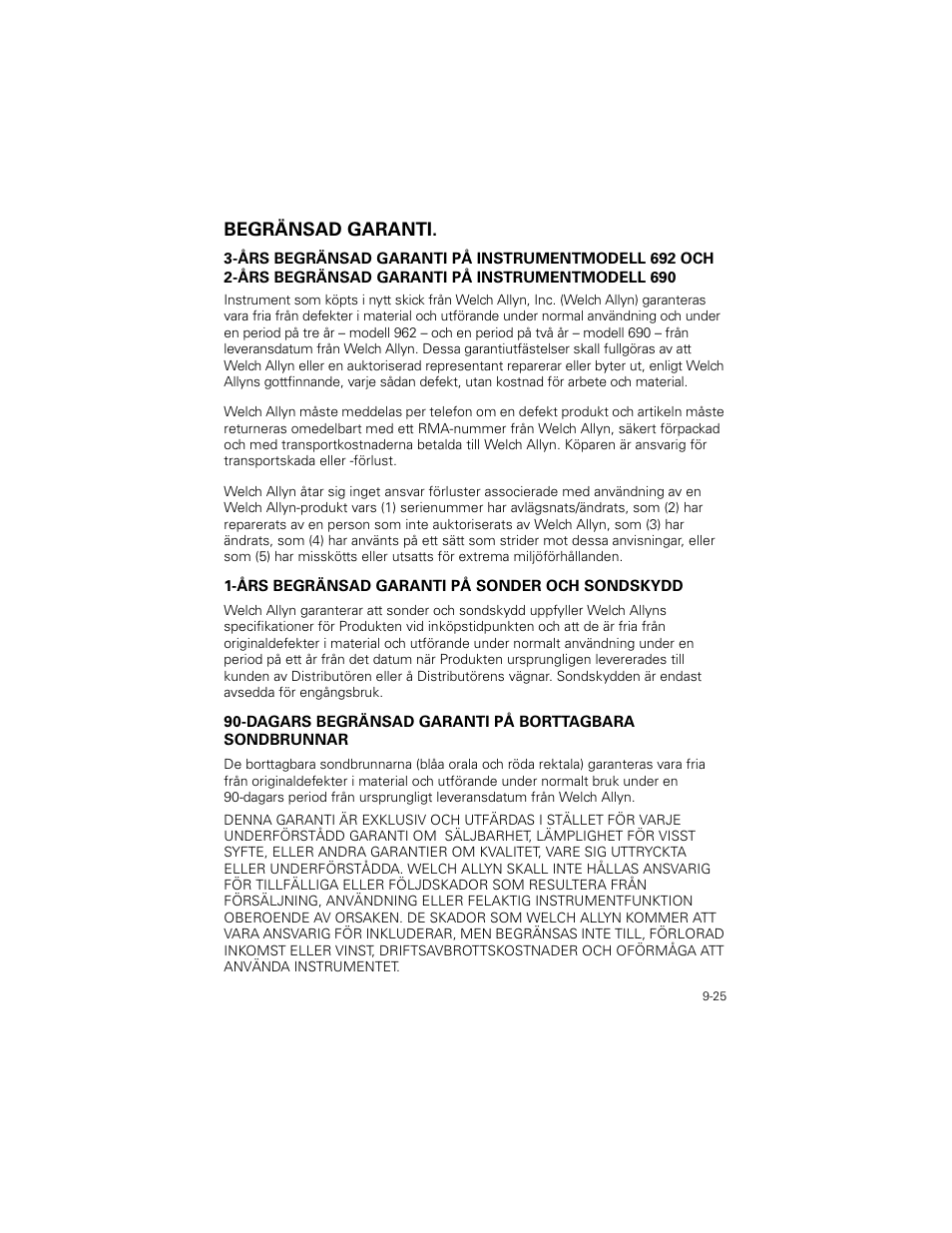 Begränsad garanti, Begränsad garanti -25 | Welch Allyn SureTemp Plus - User Manual User Manual | Page 263 / 294