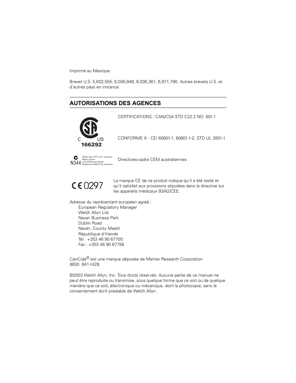 Autorisations des agences | Welch Allyn SureTemp Plus - User Manual User Manual | Page 32 / 294