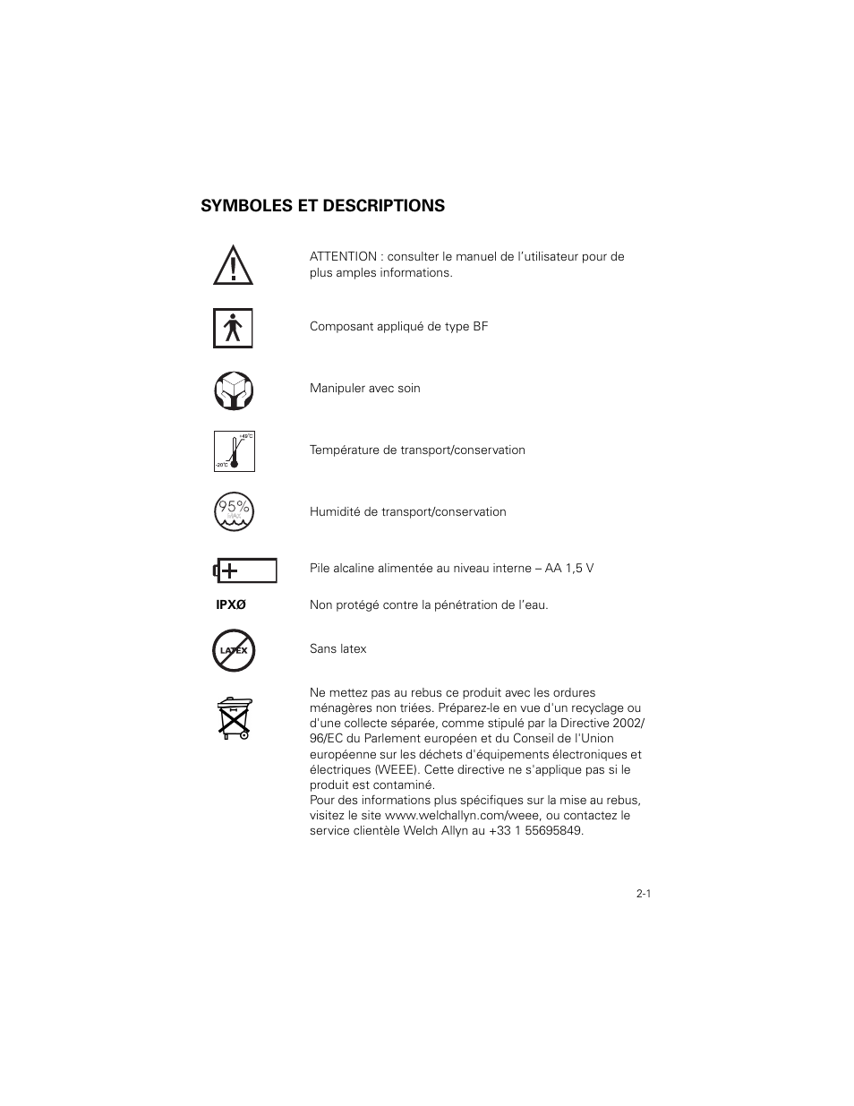 Symboles et descriptions, Symboles et descriptions -1 | Welch Allyn SureTemp Plus - User Manual User Manual | Page 33 / 294
