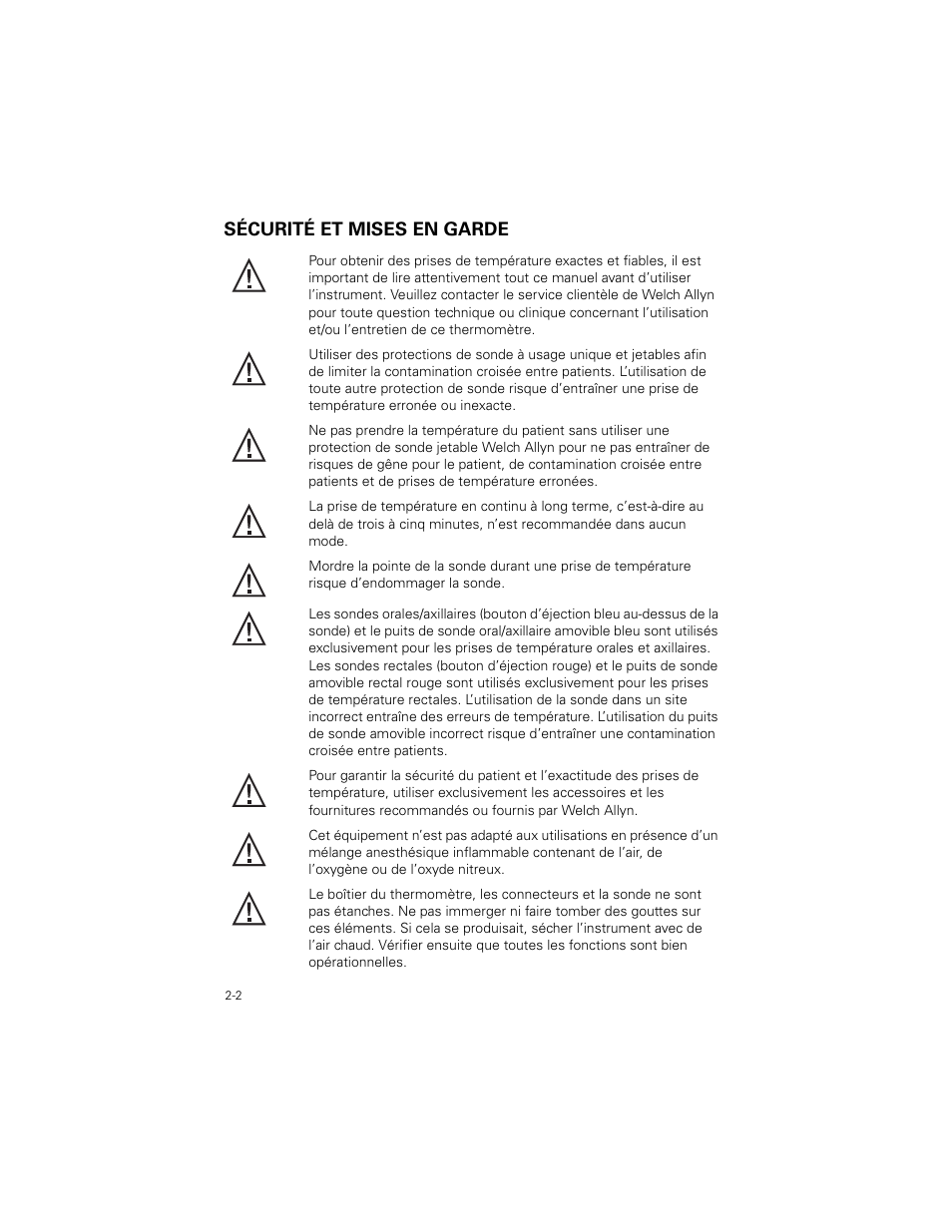 Sécurité et mises en garde, Sécurité et mises en garde -2 | Welch Allyn SureTemp Plus - User Manual User Manual | Page 34 / 294