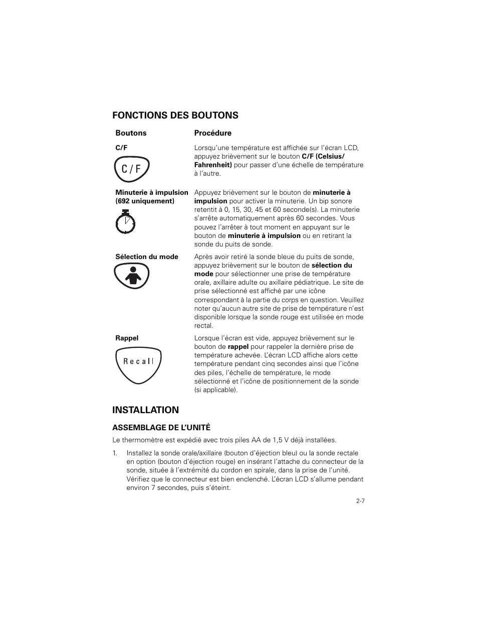 Fonctions des boutons, Installation, Fonctions des boutons -7 | Installation -7, Fonctions des boutons installation | Welch Allyn SureTemp Plus - User Manual User Manual | Page 39 / 294