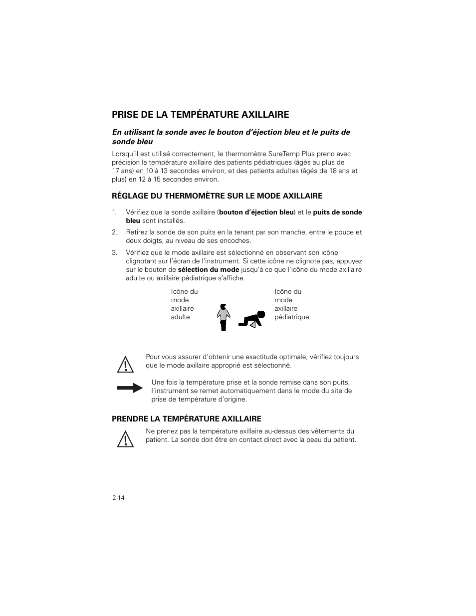 Prise de la température axillaire, Prise de la température axillaire -14 | Welch Allyn SureTemp Plus - User Manual User Manual | Page 46 / 294
