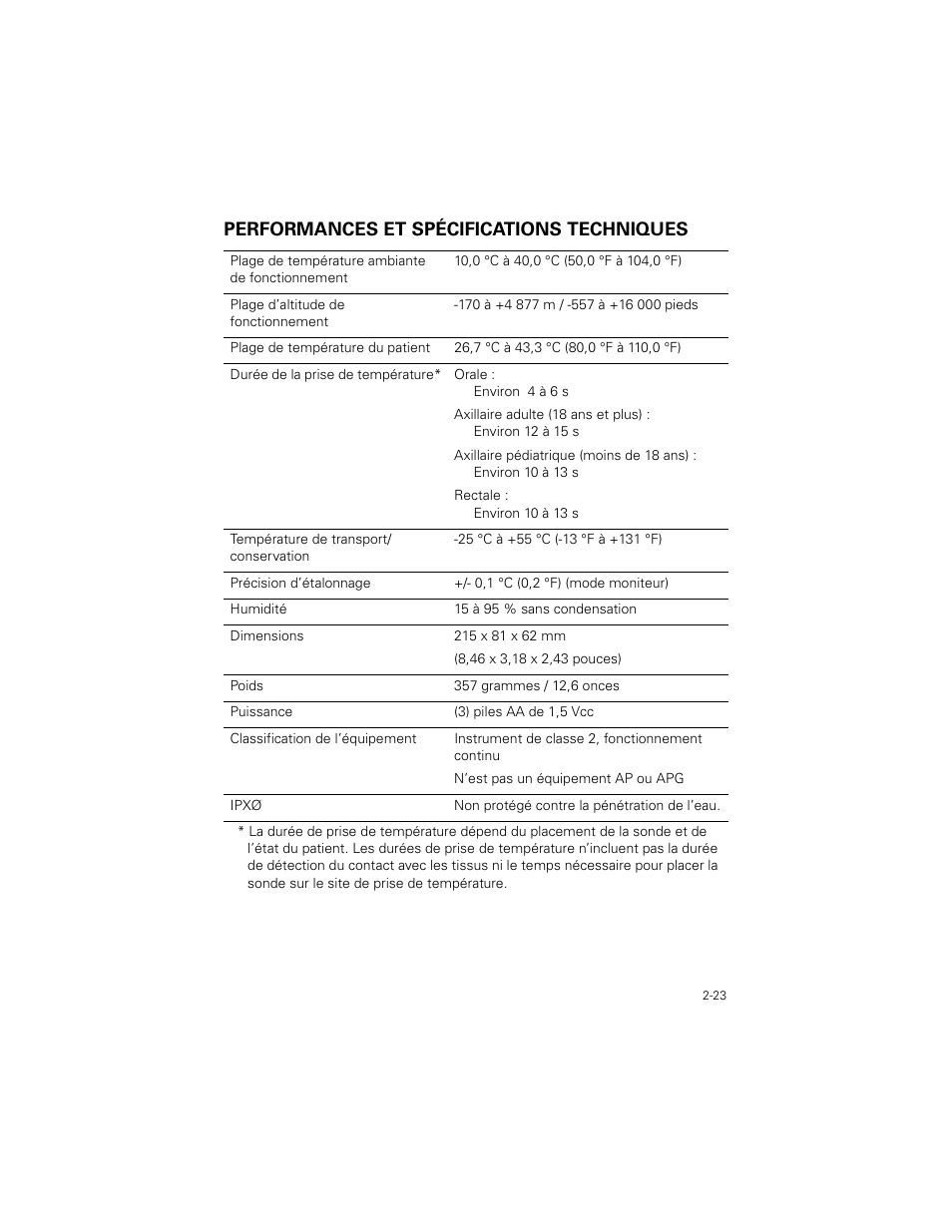 Performances et spécifications techniques, Performances et spécifications techniques -23 | Welch Allyn SureTemp Plus - User Manual User Manual | Page 55 / 294