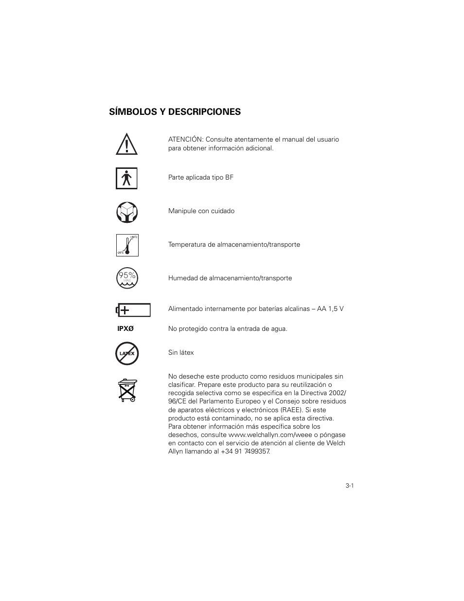 Símbolos y descripciones, Símbolos y descripciones -1 | Welch Allyn SureTemp Plus - User Manual User Manual | Page 61 / 294