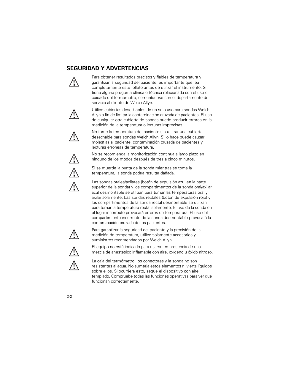 Seguridad y advertencias, Seguridad y advertencias -2 | Welch Allyn SureTemp Plus - User Manual User Manual | Page 62 / 294